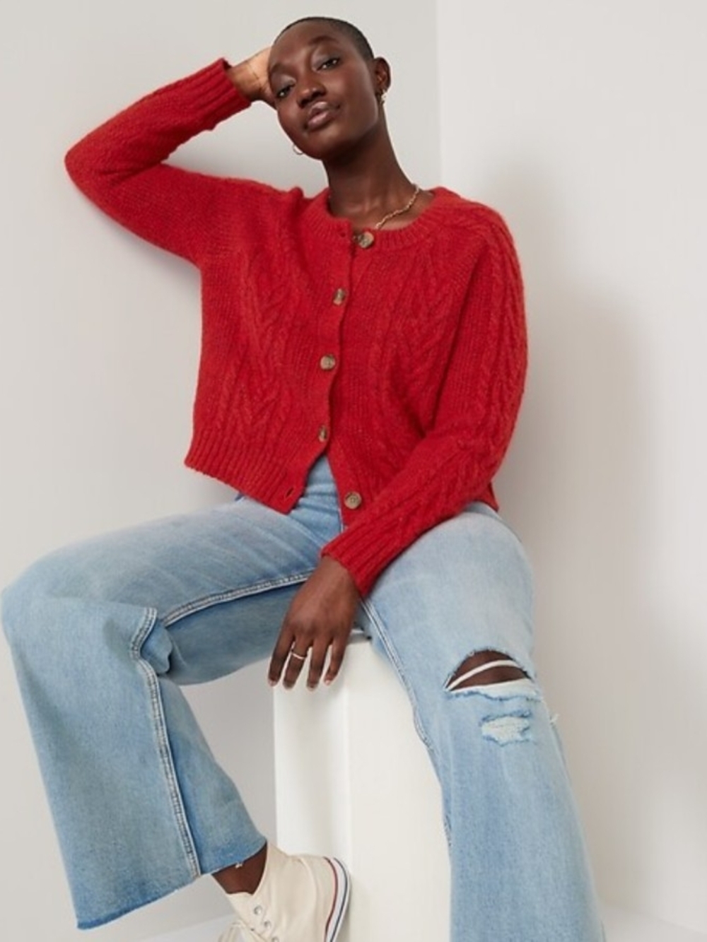 Old Navy Red Cable Knit Button-Front Cardigan – Size Medium